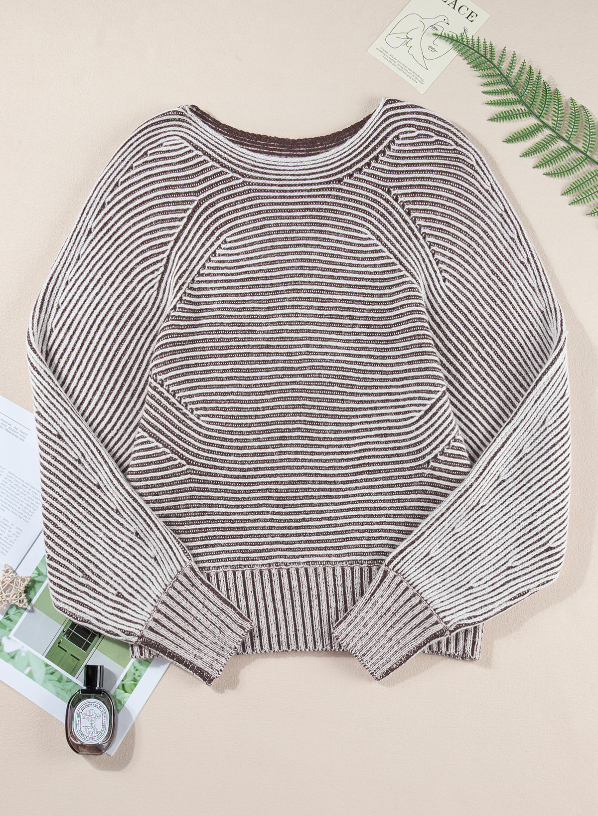 Coffee Striped Print Ribbed Knit Boat Neck Baggy Sweater