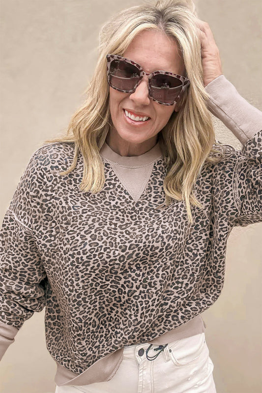 Khaki Leopard Print Patchwork Crew Neck Sweatshirt