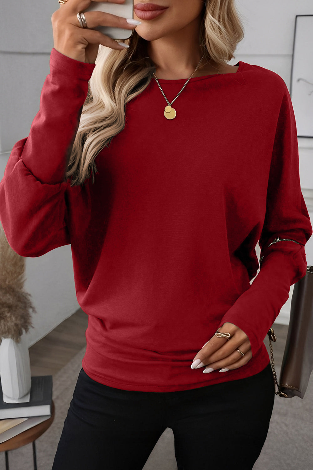 Red Dahlia Solid Color Extended Cuffs Long Sleeve Top
