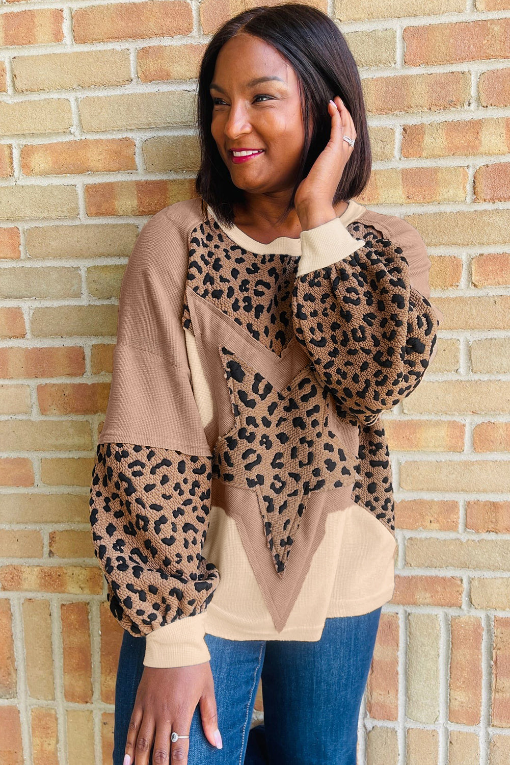Light French Beige Leopard Star Color Block Patchwork Textured Baggy Sweatshirt