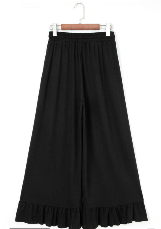 Black Ruffle Pull On Wide Leg Pants