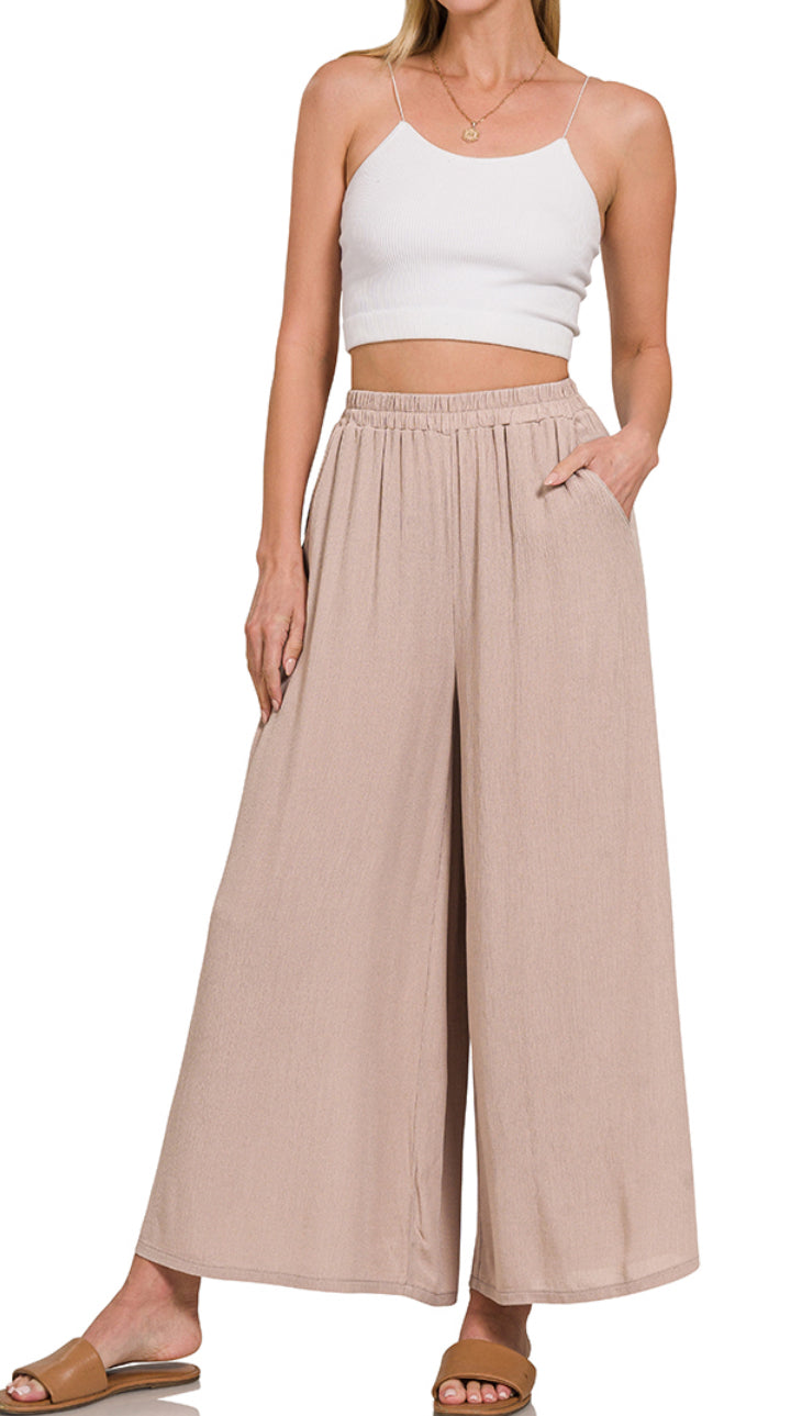 Crinkle wide leg pants w/pockets