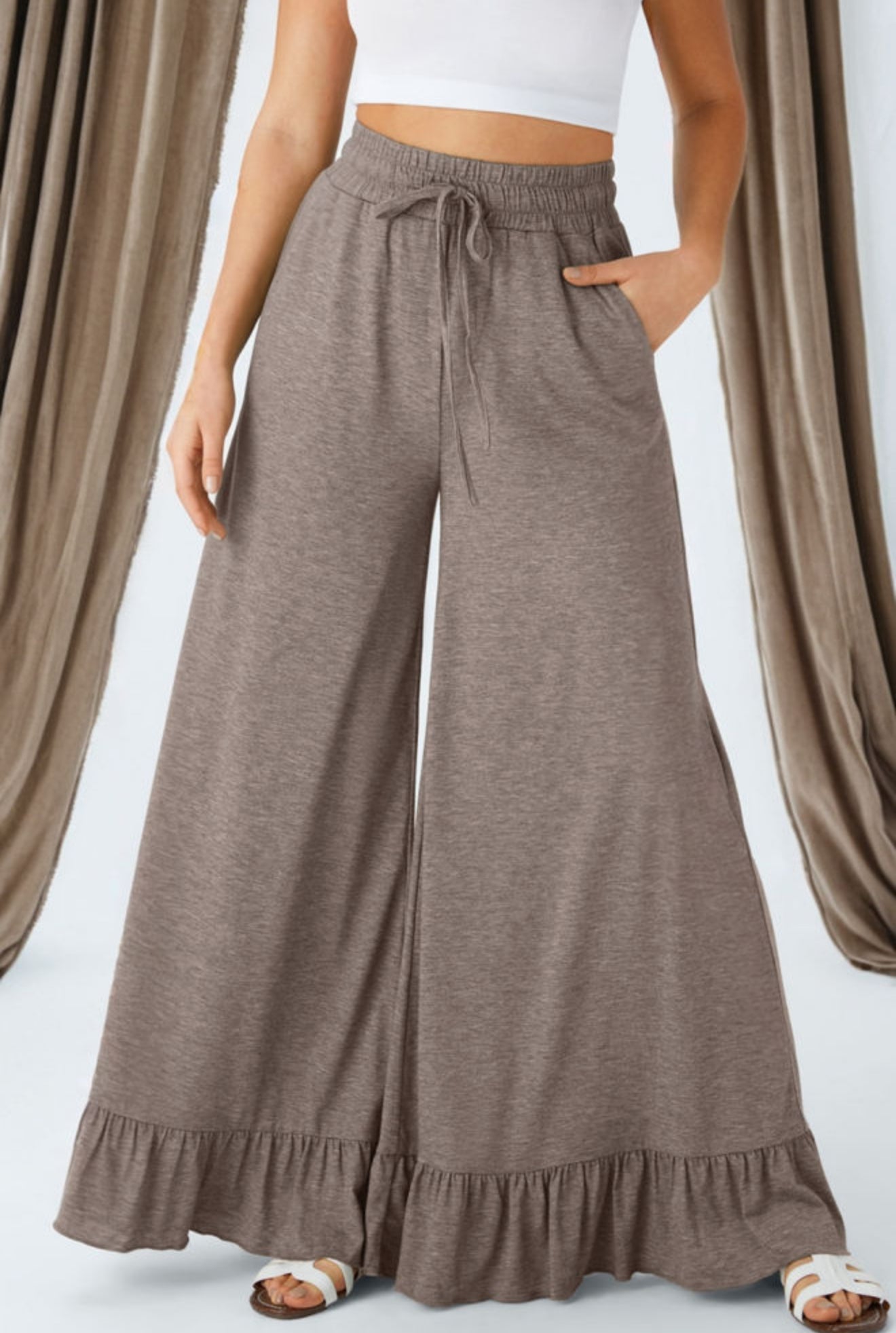 Wide leg ruffle bottom pants