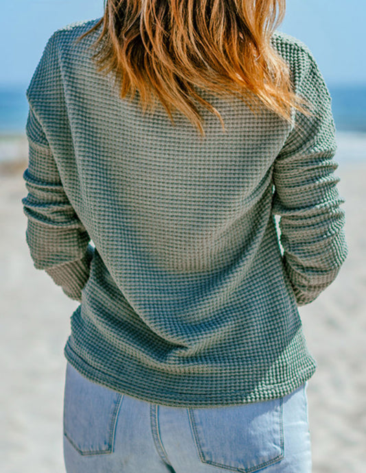 Green Waffle Knit Long Sleeve Top