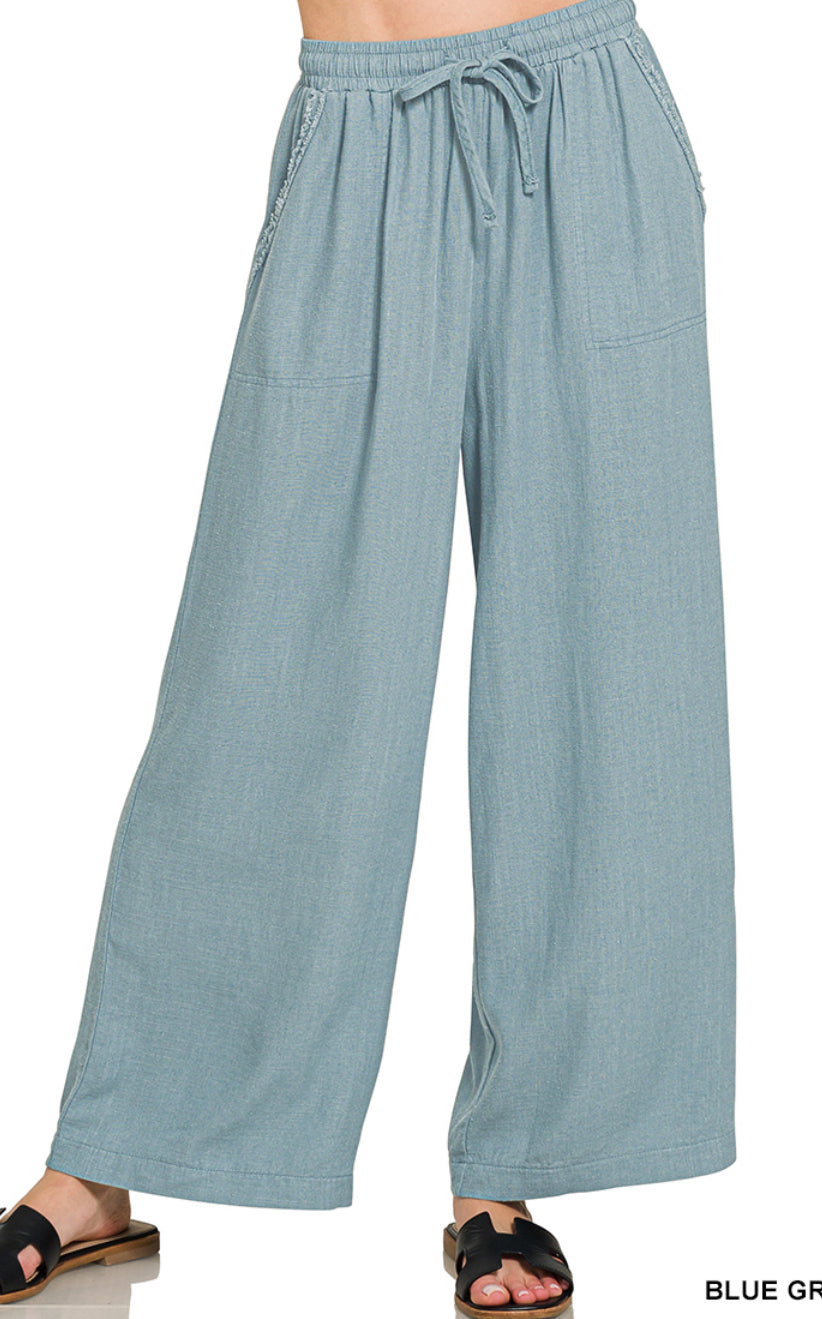 Wide-Leg Linen Blend Pants with Pockets