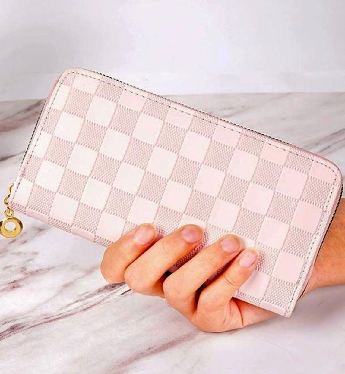 Pink checkered vegan leather wallet