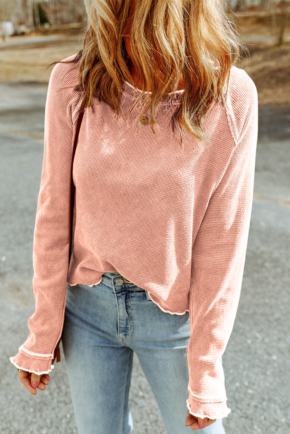 Apricot Pink Textured Long Sleeve Top