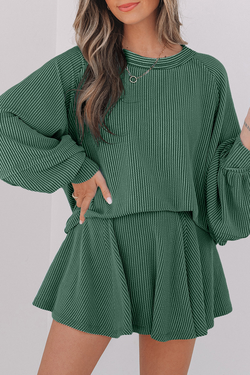 Mist Green Corded Lantern Sleeve Top High Waist Ruffled Mini Skirt Set