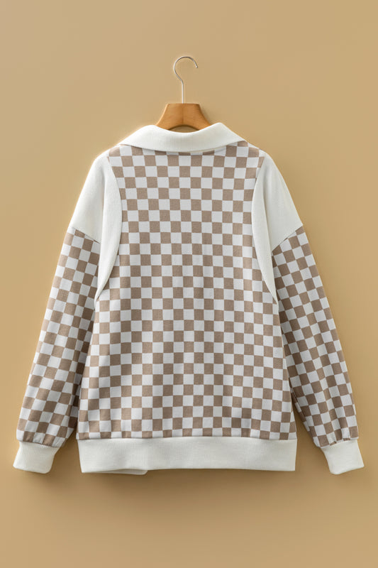 Khaki Checkered Print Quarter Zip Ribbed Patchwork Loose Sweatshirt
