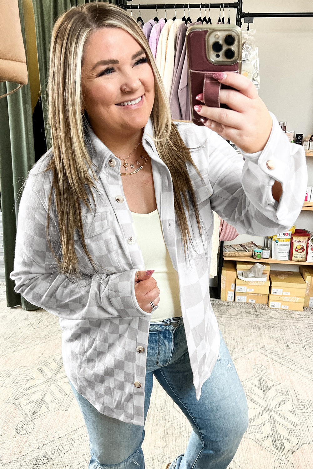 Khaki Plus Size Checkered Buttoned Down Casual Western Jacket