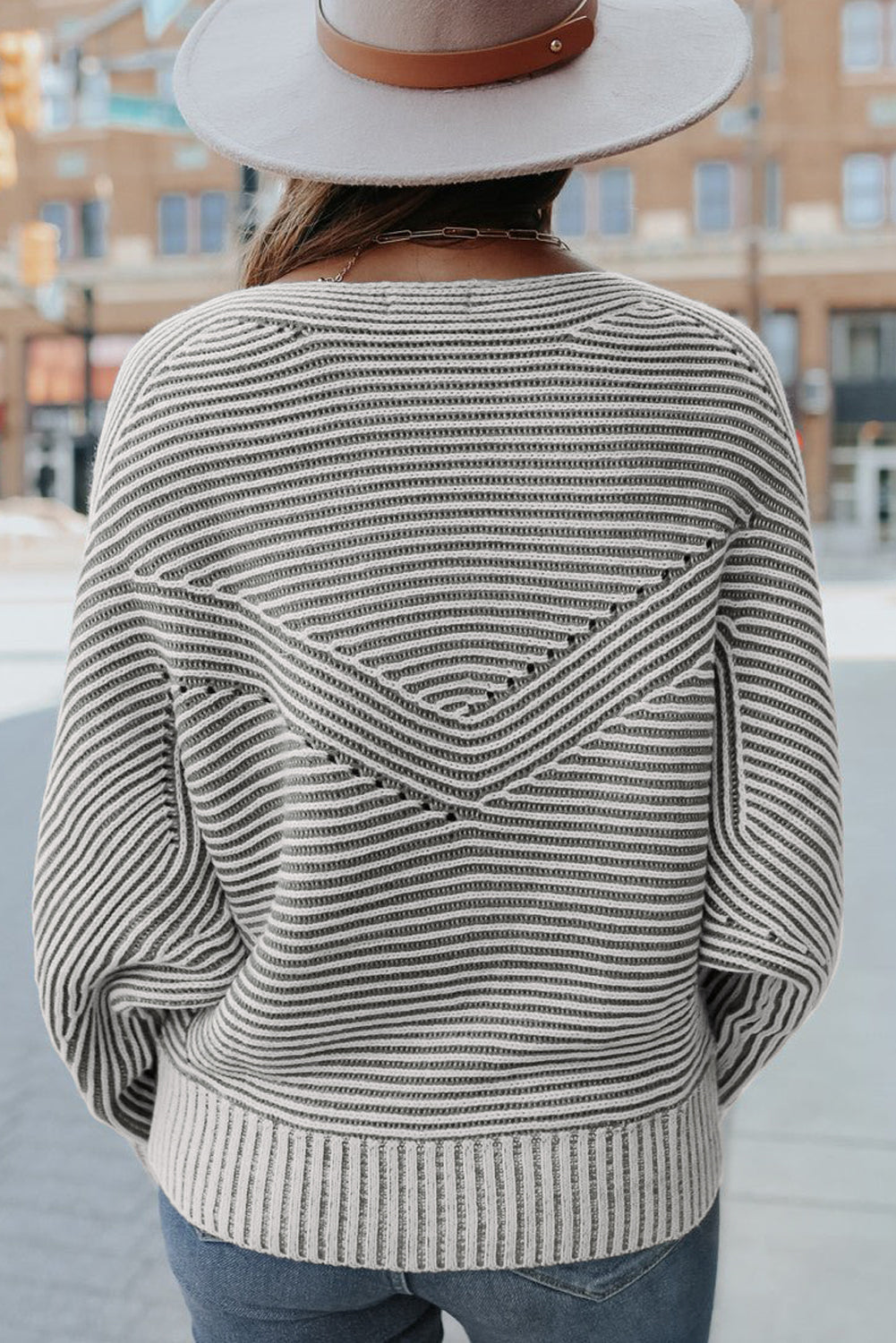 Medium Grey Striped Print Ribbed Knit Boat Neck Baggy Sweater