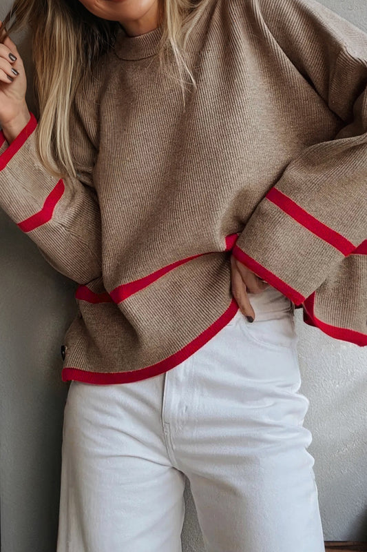 Simply Taupe Ribbed Knit Contrasted Stripe Detail Button Side Loose Sweater