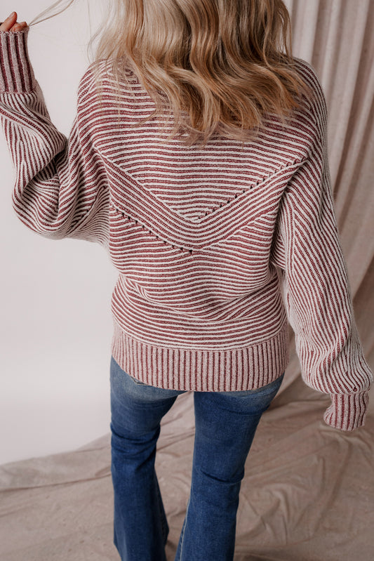 Red Dahlia Striped Print Ribbed Knit Boat Neck Baggy Sweater