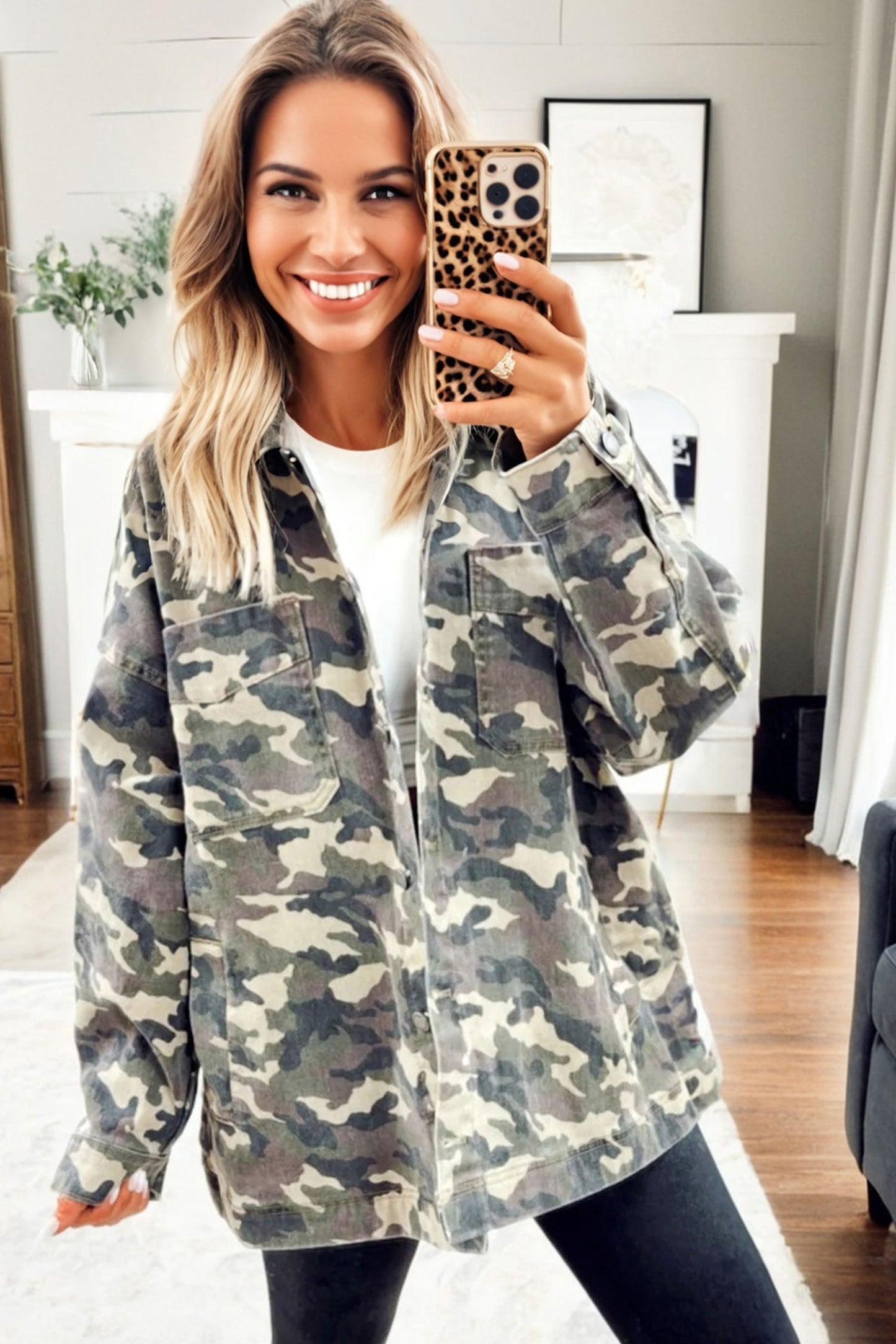 Green Camo Chest Pockets Loose Jean Jacket