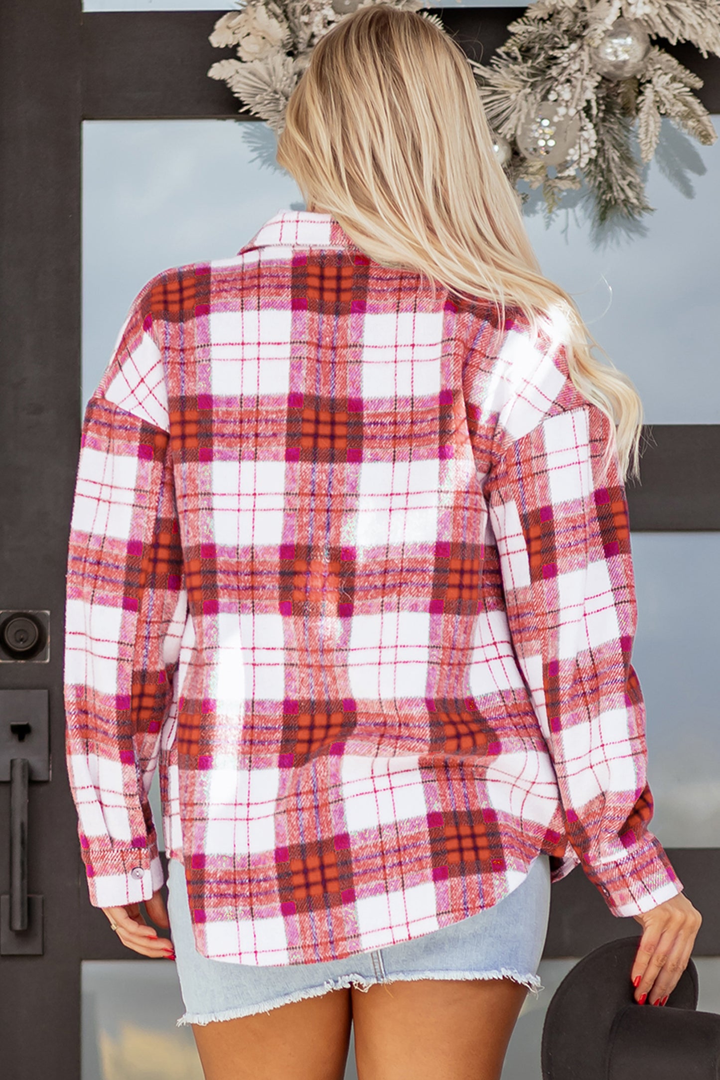 Rose Christmas Plaid Casual Flannel Shacket