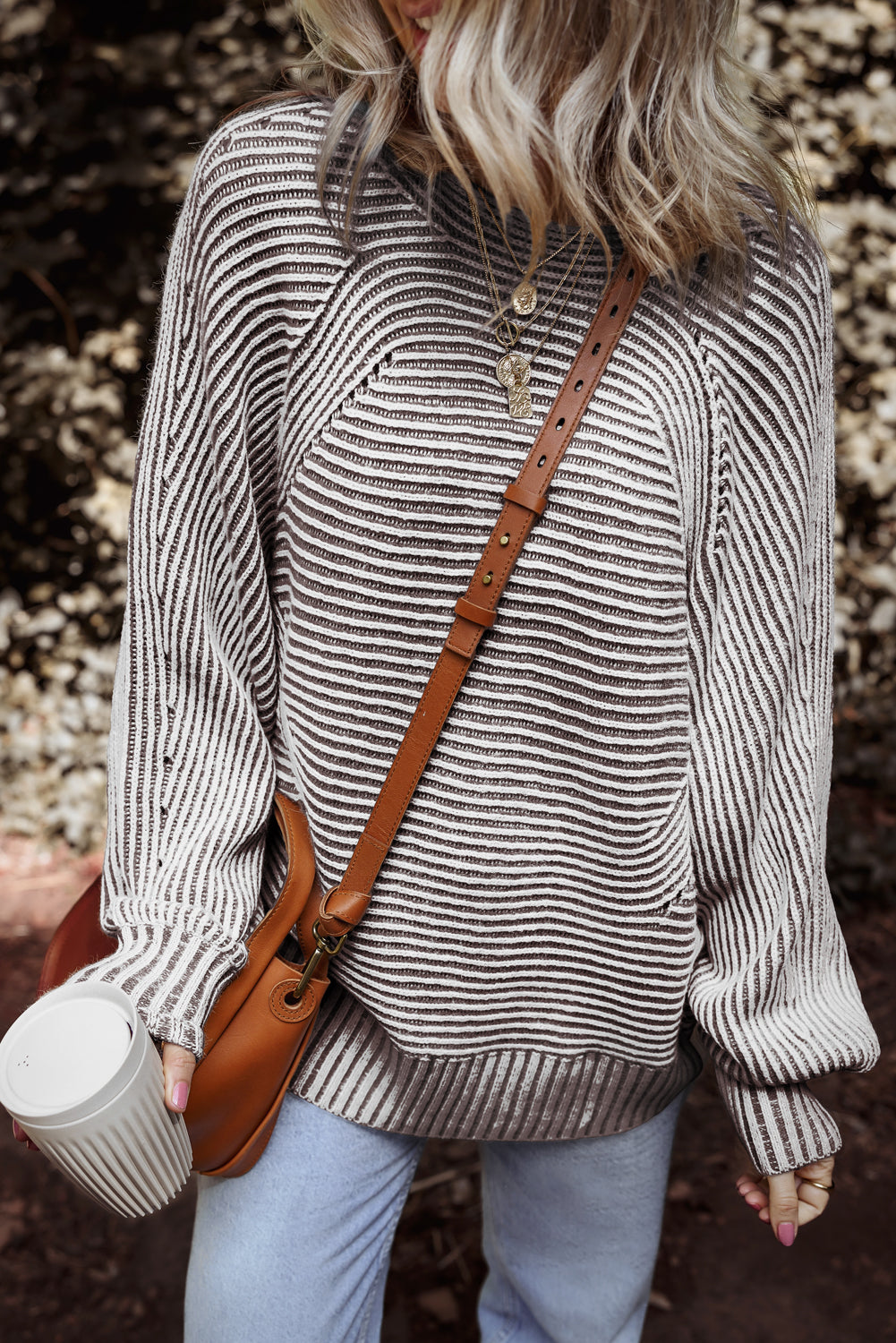 Coffee Striped Print Ribbed Knit Boat Neck Baggy Sweater