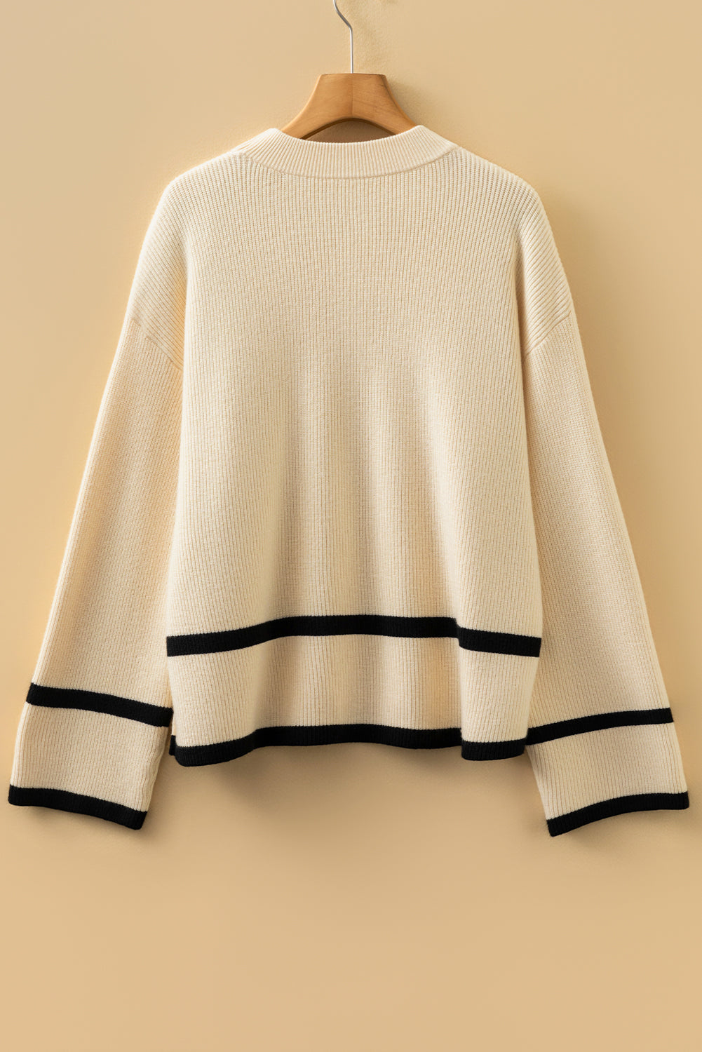 Beige Ribbed Knit Contrasted Stripe Detail Button Side Loose Sweater