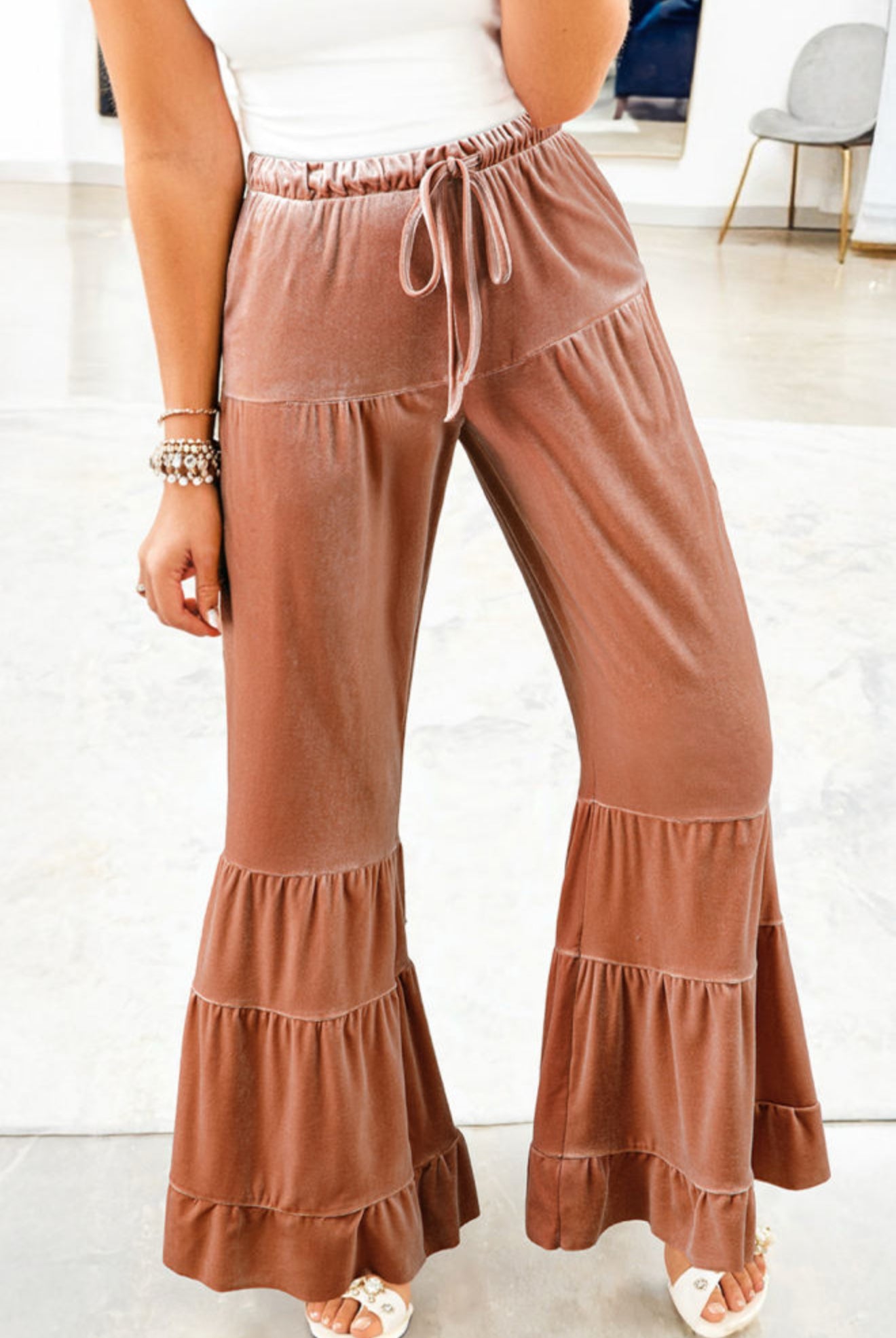 Velvet lace up ruffle pants