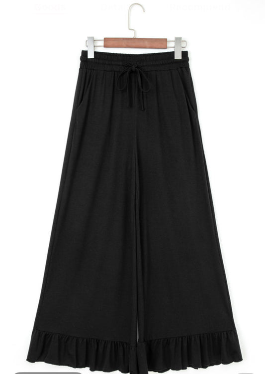 Black Ruffle Pull On Wide Leg Pants