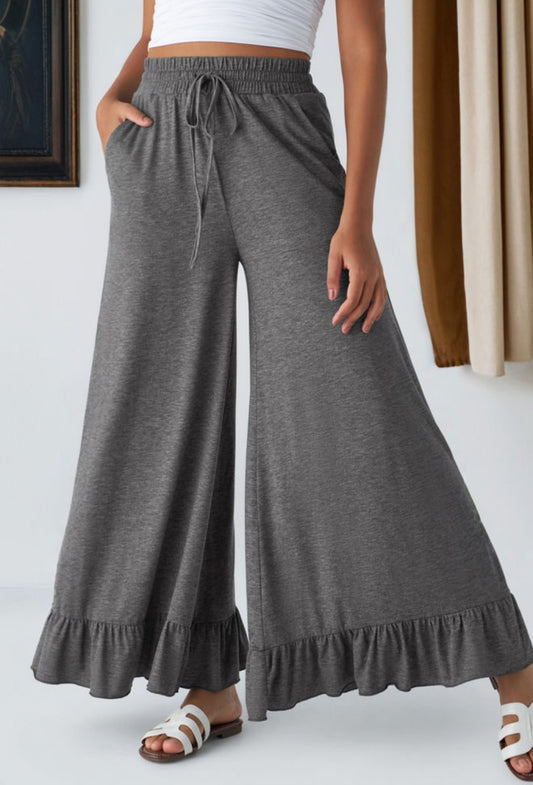 Charcoal wide leg ruffle bottom pants