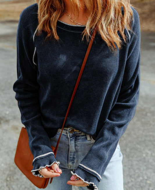 Blue Textured Long Sleeve Top