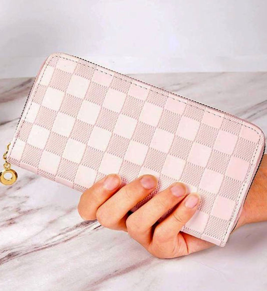 Pink checkered vegan leather wallet