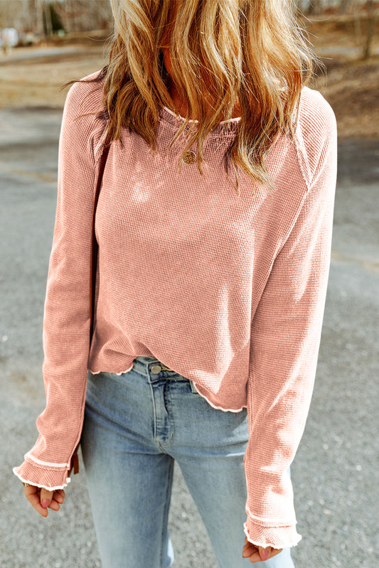 Apricot Pink Textured Long Sleeve Top