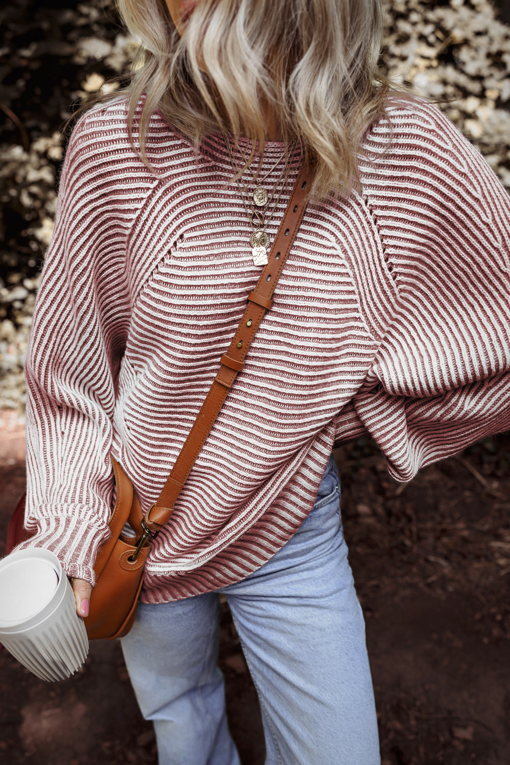 Red Dahlia Striped Print Ribbed Knit Boat Neck Baggy Sweater