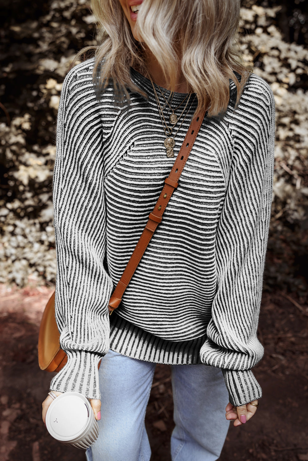 Black Striped Print Ribbed Knit Boat Neck Baggy Sweater