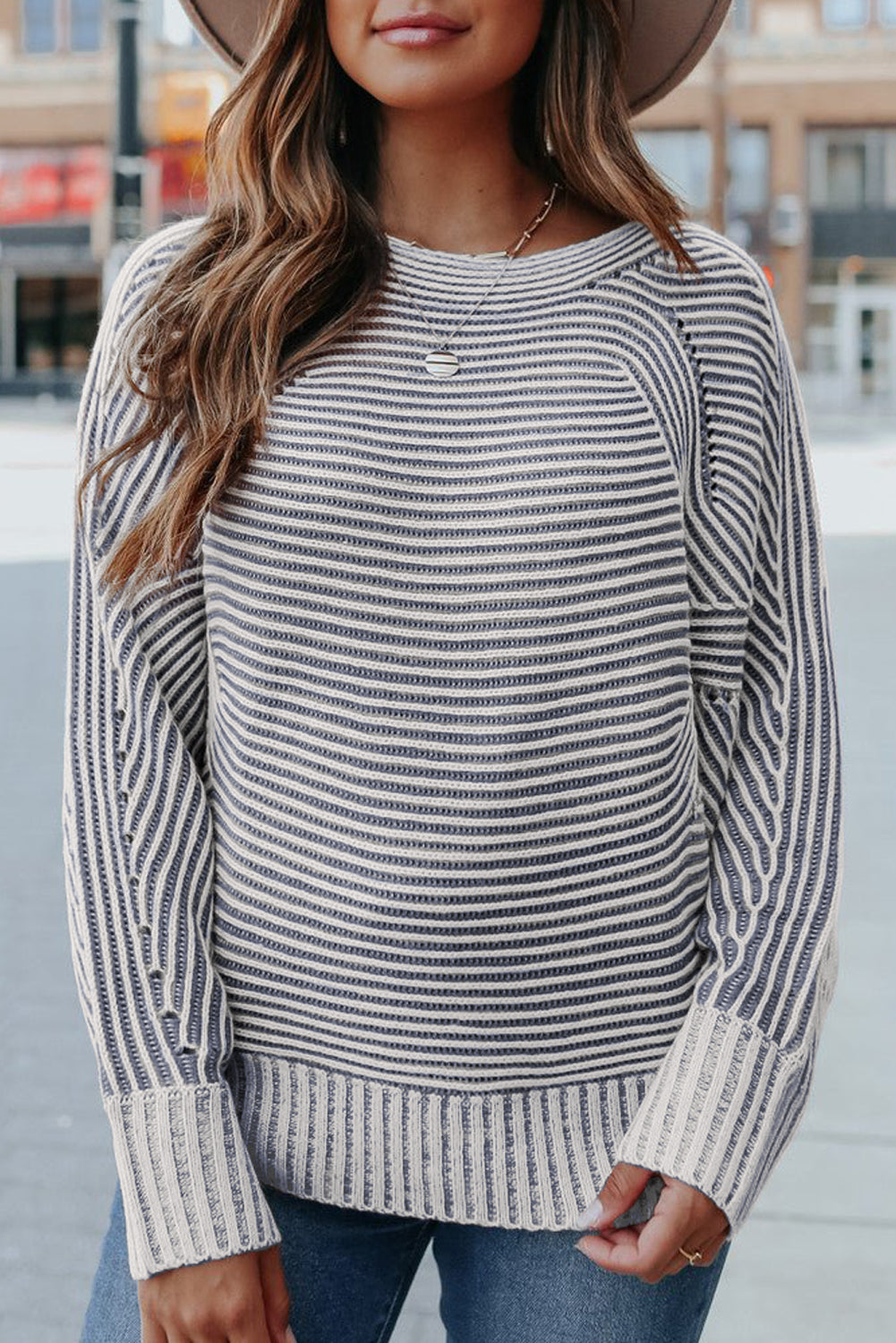Ashleigh Blue Striped Print Ribbed Knit Boat Neck Baggy Sweater