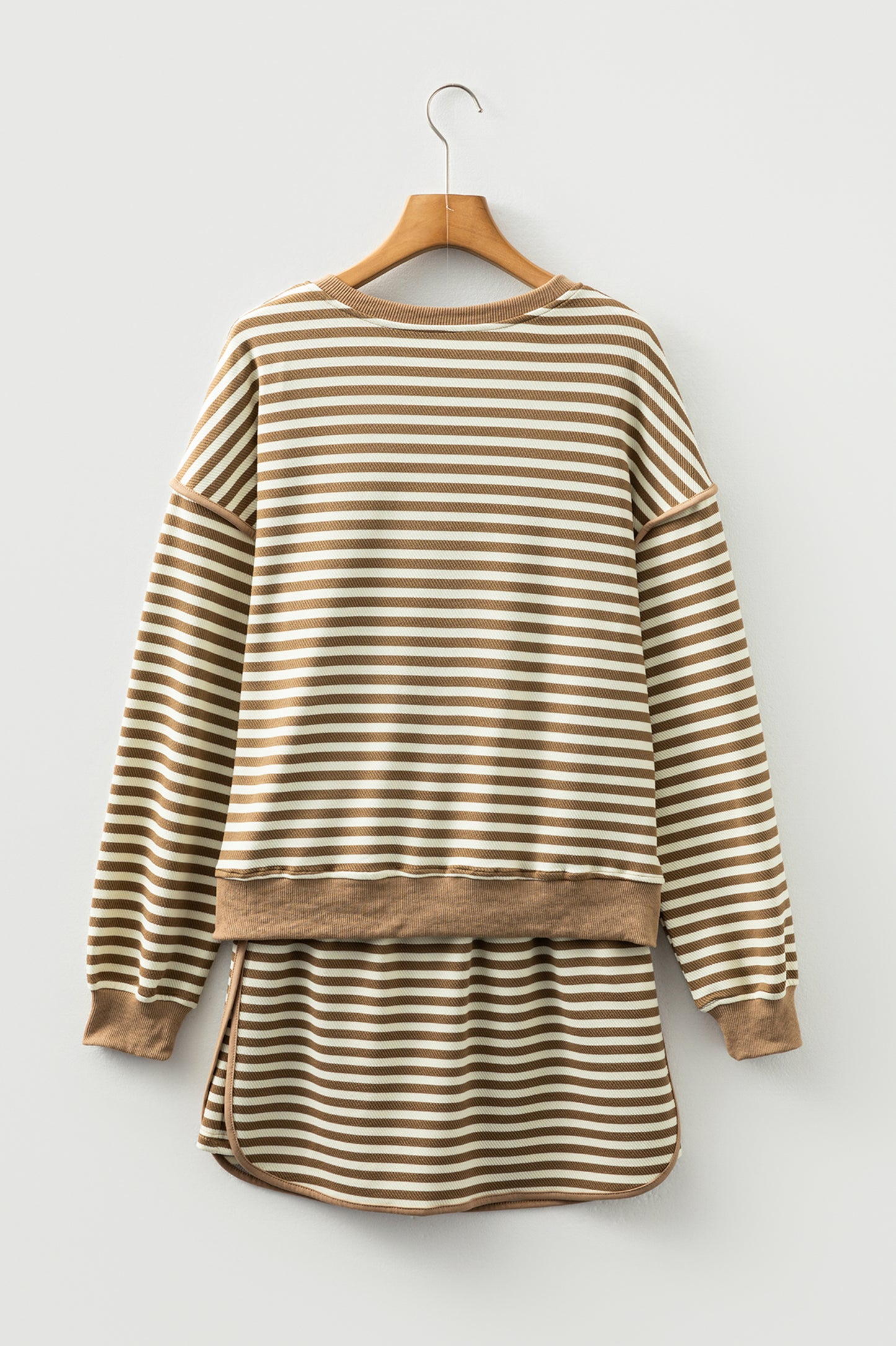 Brown Stripe Textured Drop Shoulder Pullover Top Drawstring Mini Skirt Two Piece Dress Set
