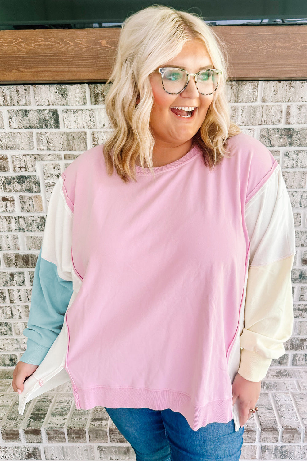 Pink Colorblock Patchwork Drop Shoulder Plus Size Sweatshirt