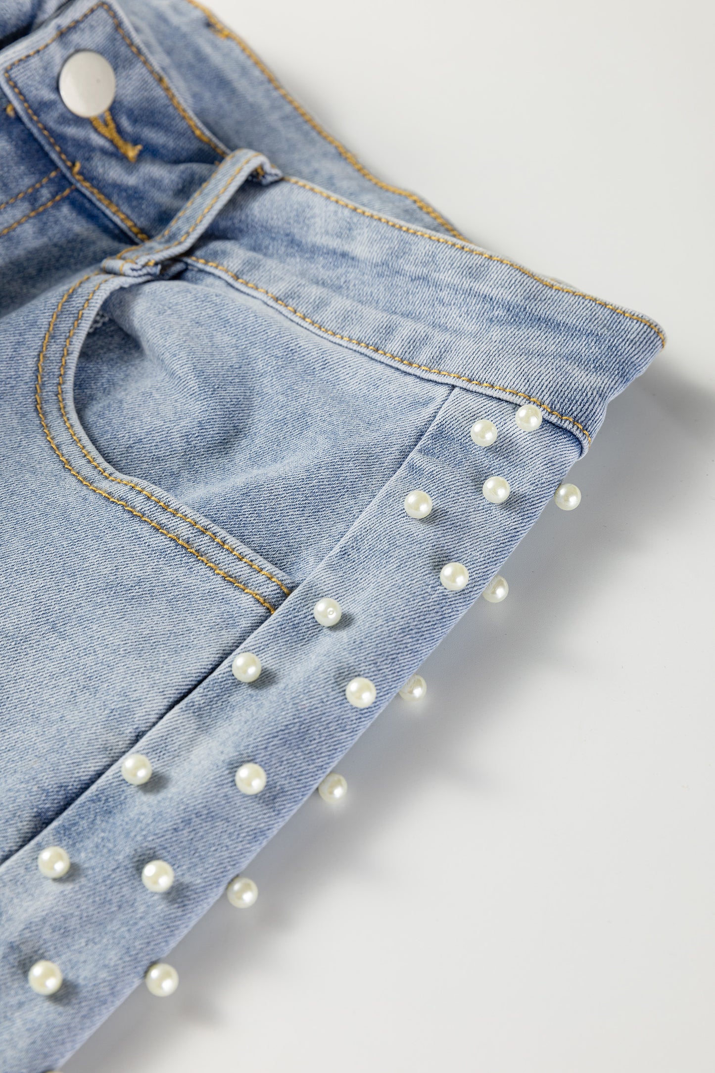 Beau Blue Mid Rise Pearl Embellished Split Wide Leg Jeans