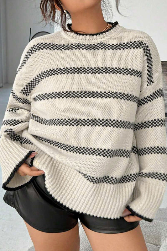 Apricot Stripe Wide Sleeve Drop Shoulder Crew Neck Plus Sweater