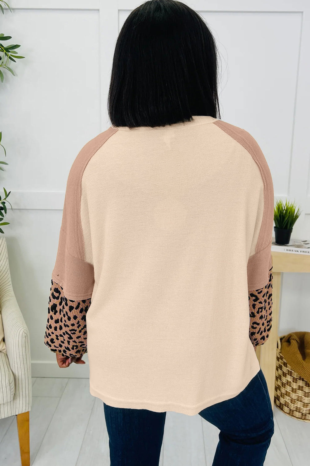 Light French Beige Leopard Star Color Block Patchwork Textured Baggy Sweatshirt