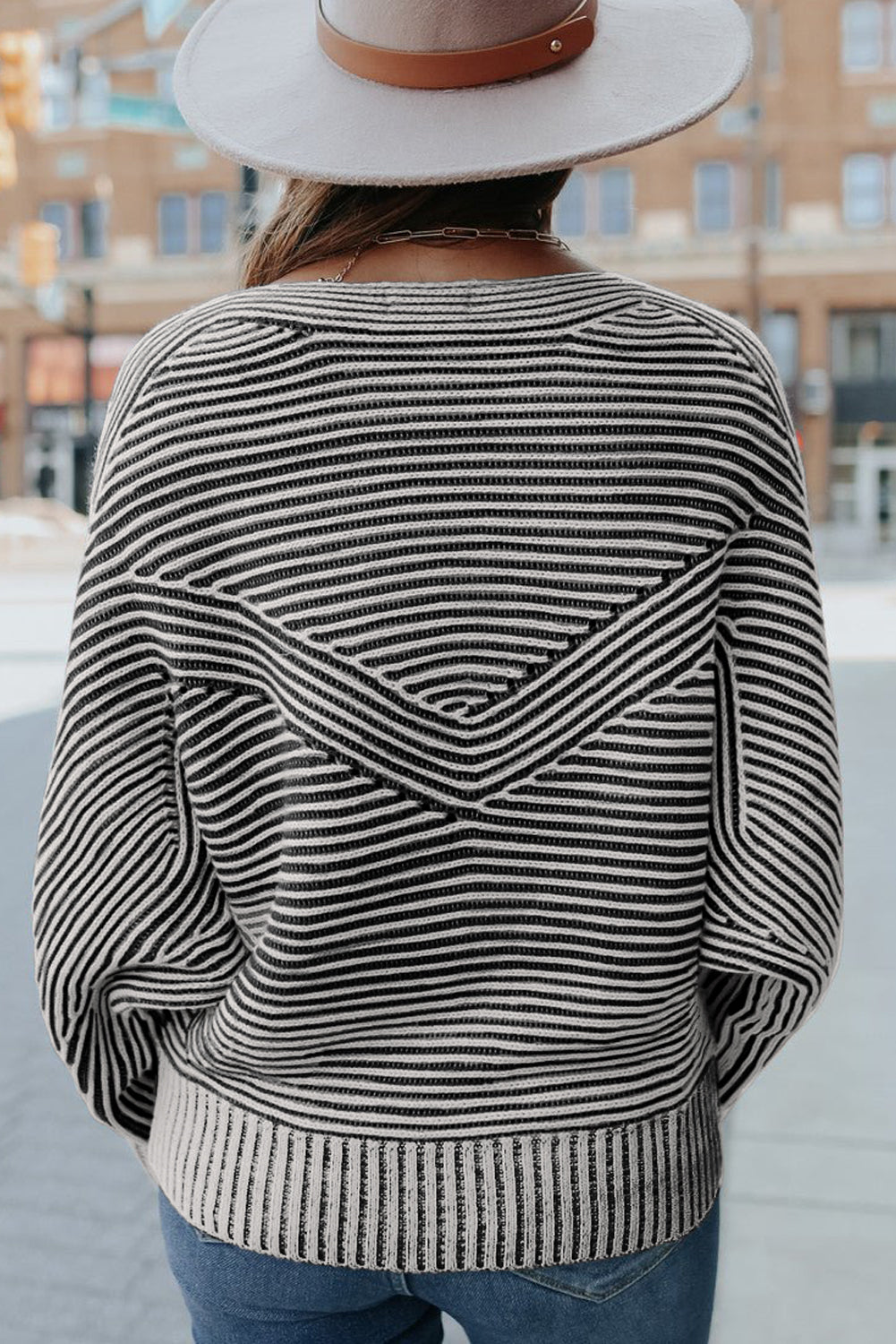 Black Striped Print Ribbed Knit Boat Neck Baggy Sweater